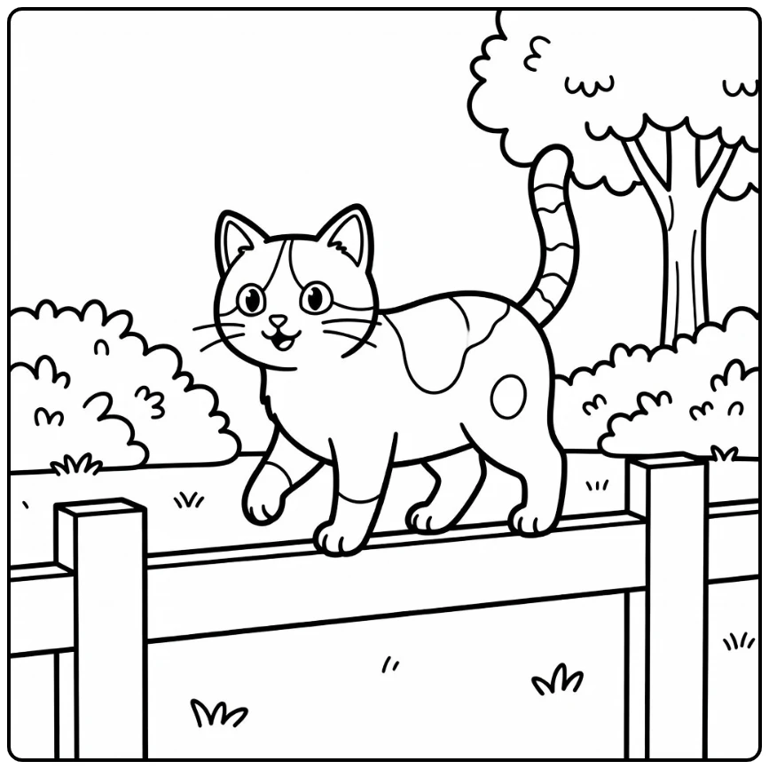 Calico cat coloring pages: curious cat balancing on fence