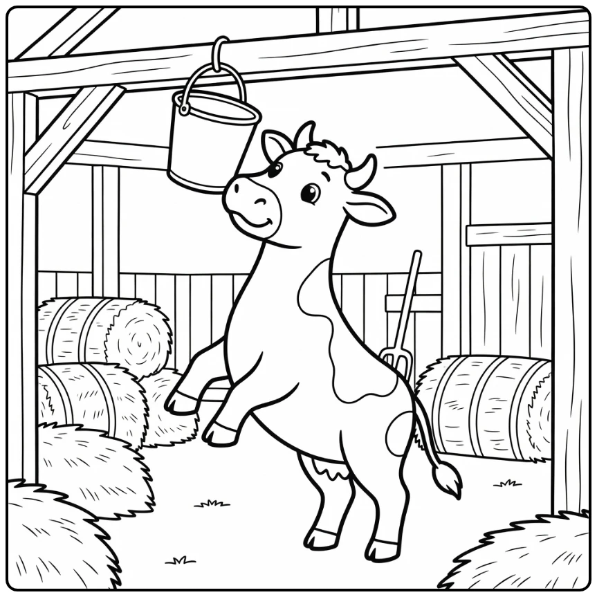 Alert cow stretching to peek in hanging bucket, cow coloring pages