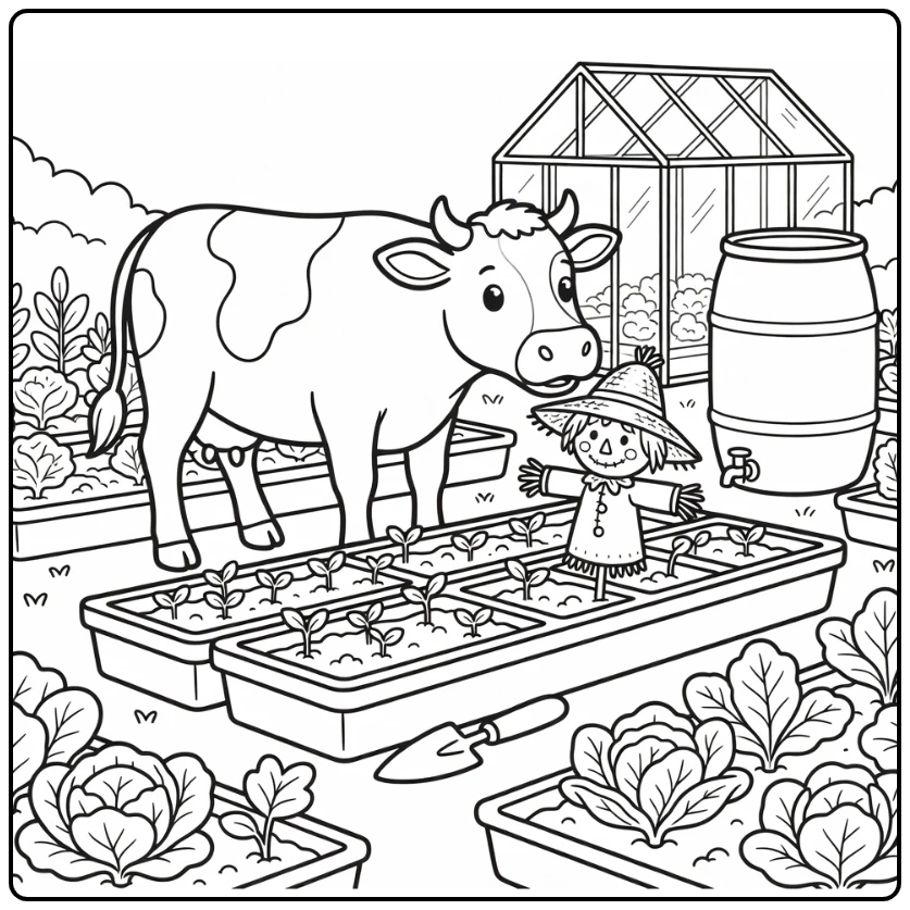 Cartoon farm animal coloring page: Cow sniffs scarecrow hat