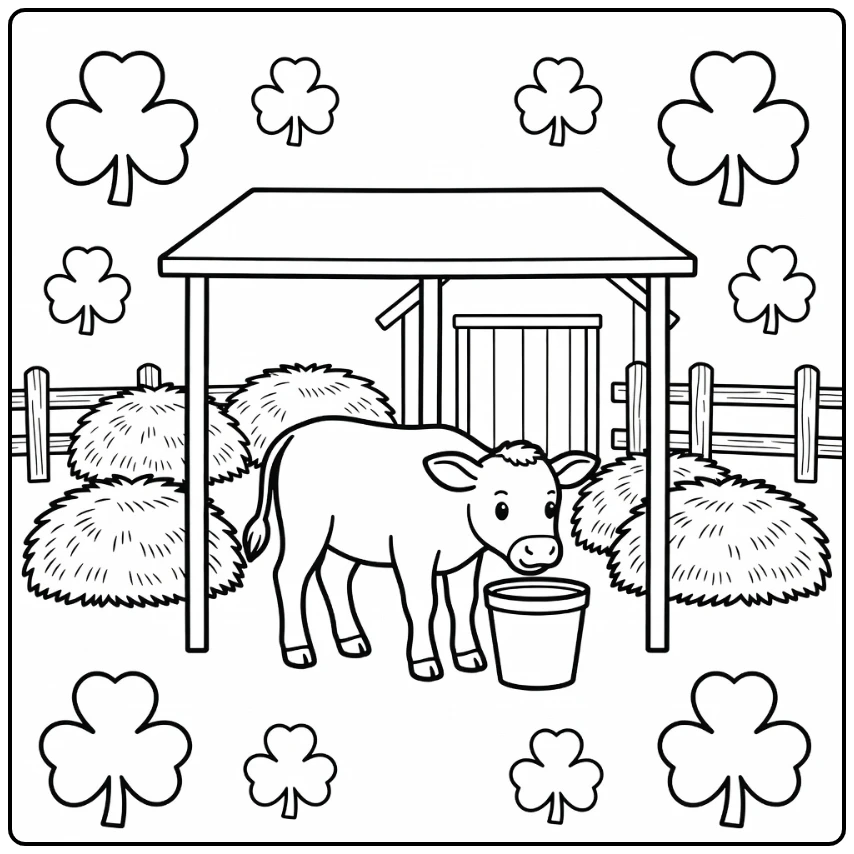 Cute calf sniffing pail under farm shelter, farm animal coloring page