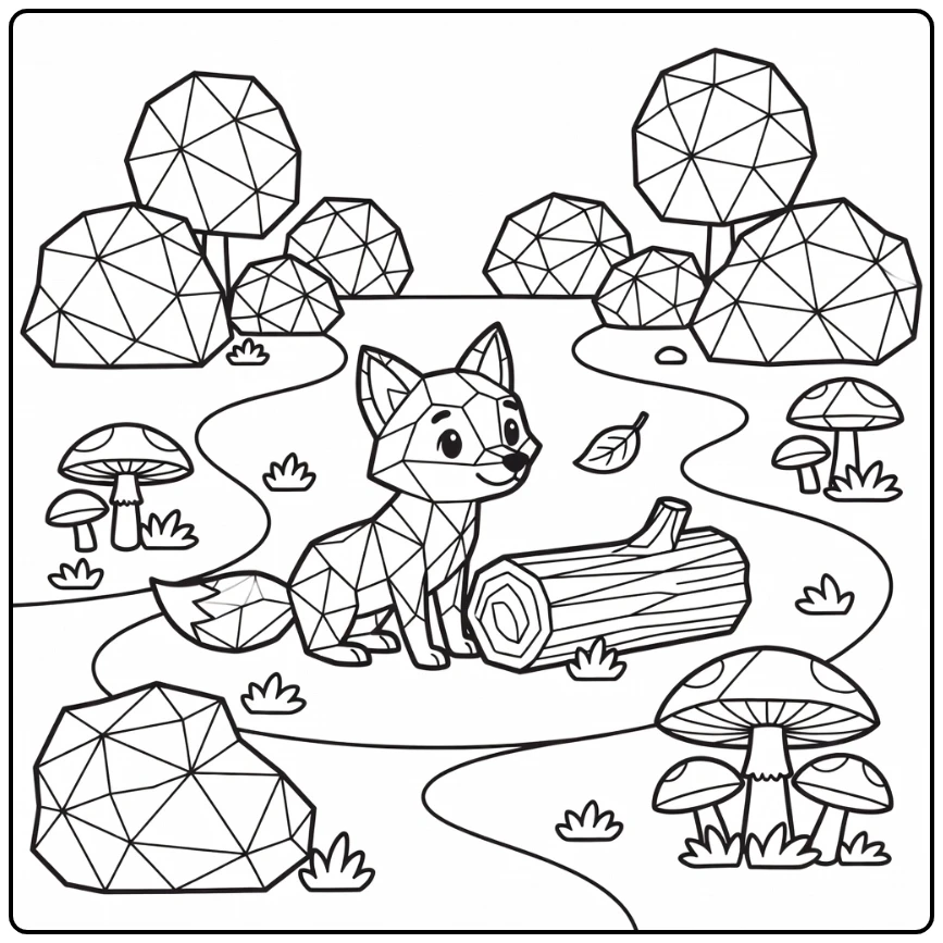 Geometric fox crouching by log watching leaf - geometric animal coloring page