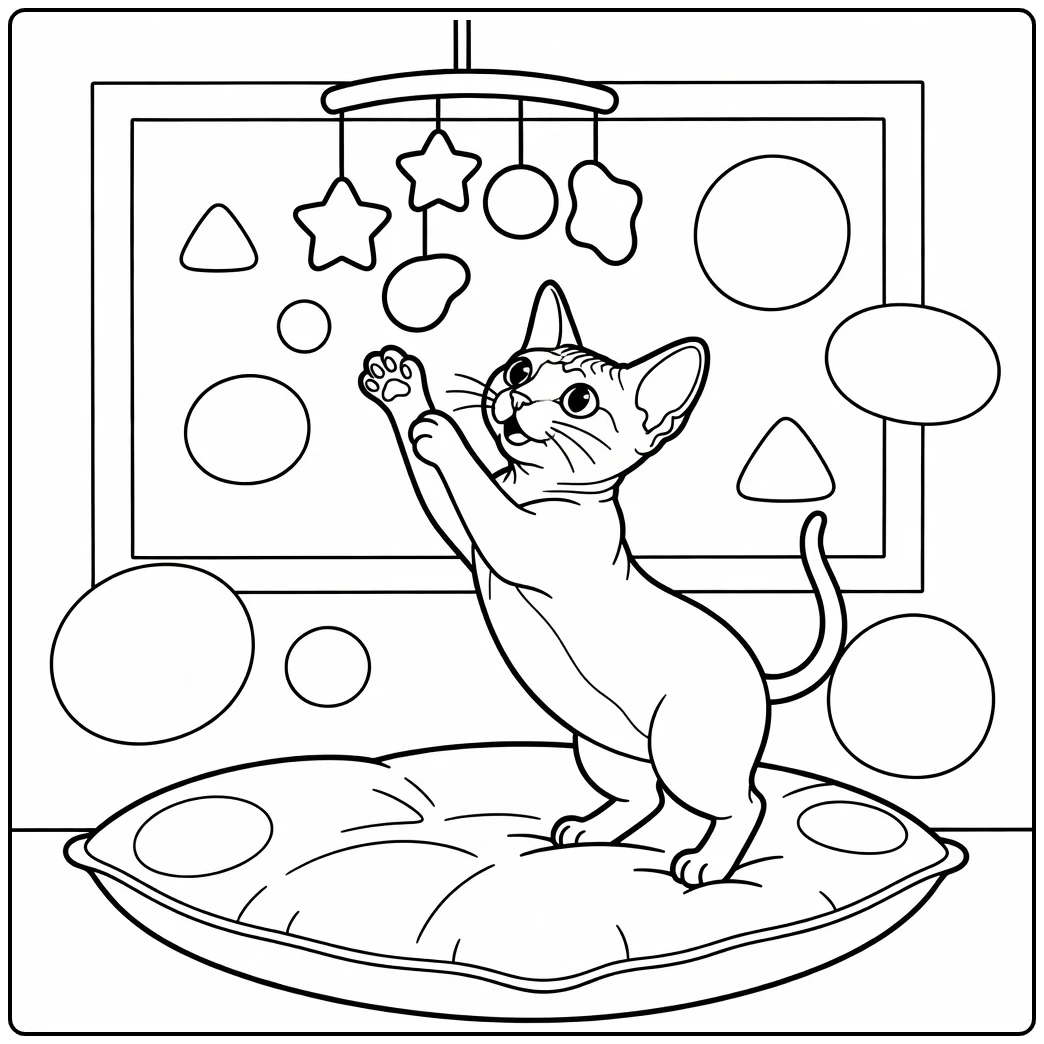 Hairless cat coloring pages: stretching to paw mobile toy