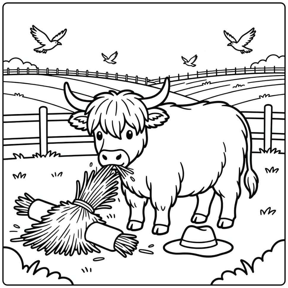 Highland cow sniffing tipped scarecrow, highland cow coloring pages