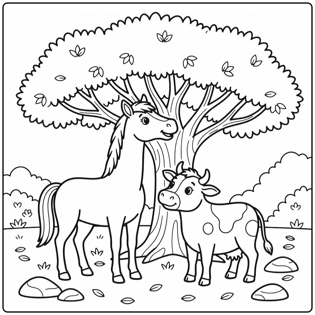 Horse nibbling leaves with cow watching, horse and cow coloring pages