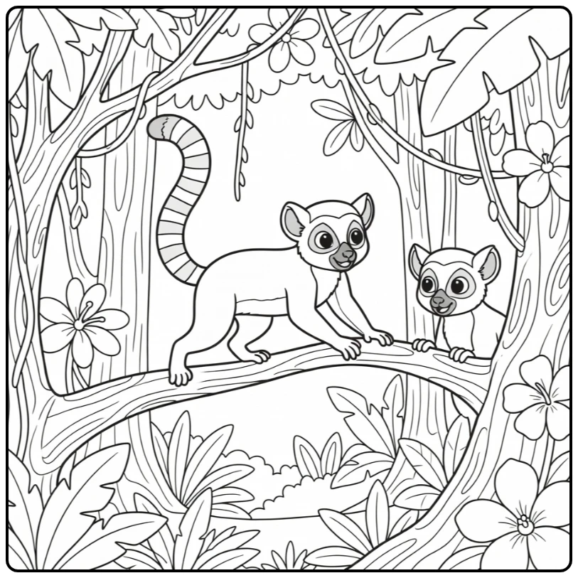 Wild animals coloring page for kids: lemur leaping branches in jungle