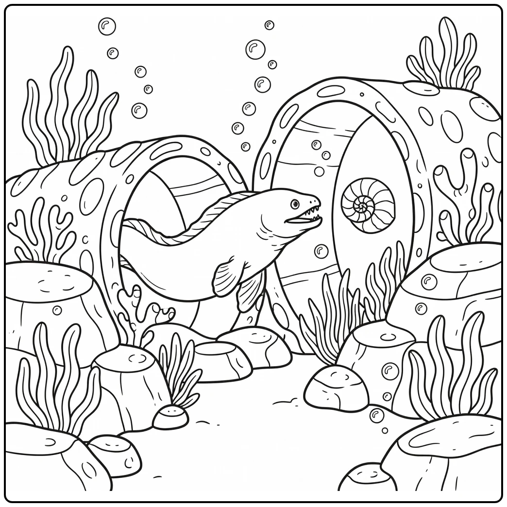 Moray eel sea animal coloring page in coral cave with shell
