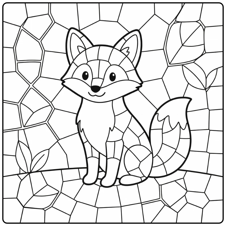 Animal mosaic coloring page: alert fox with curled fluffy tail