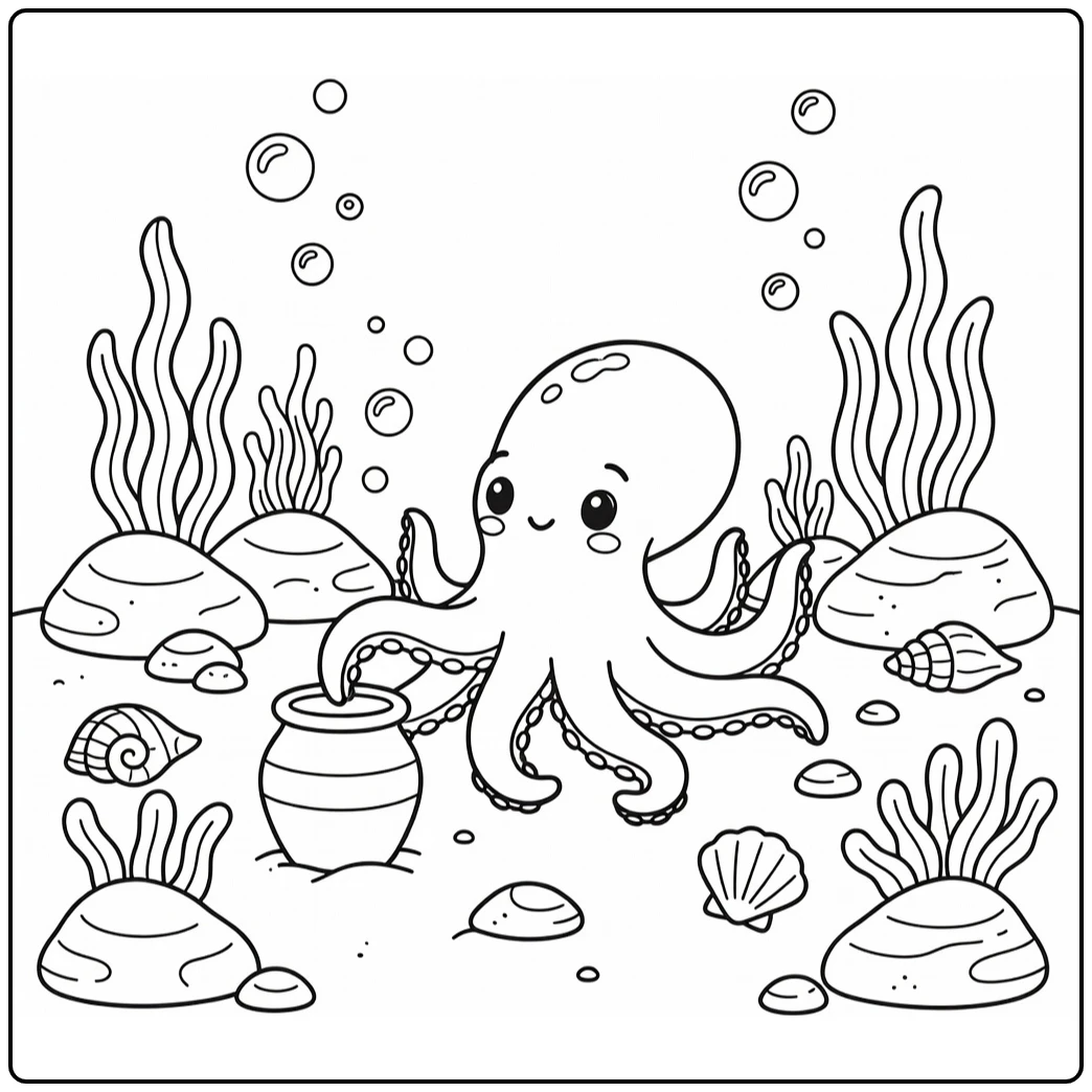 Cute octopus reaches for open jar sea animal coloring page
