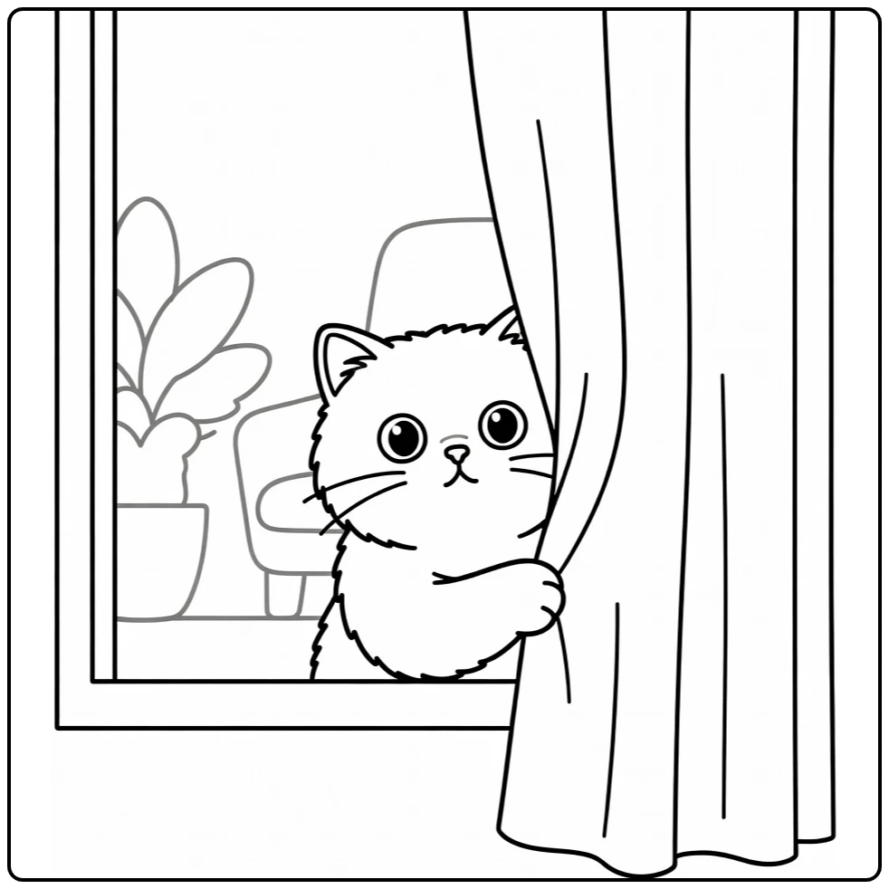 Persian cat coloring pages: curious cat peeks from curtain