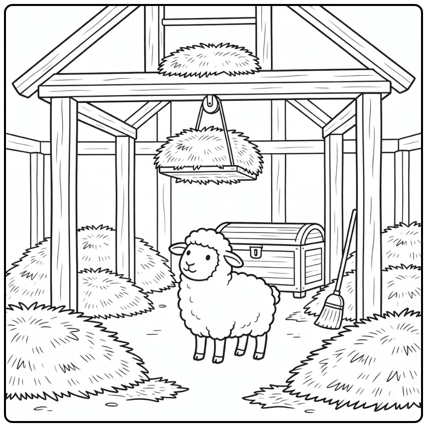 Sheep gazing up at pulley hay bundle barn animal coloring page