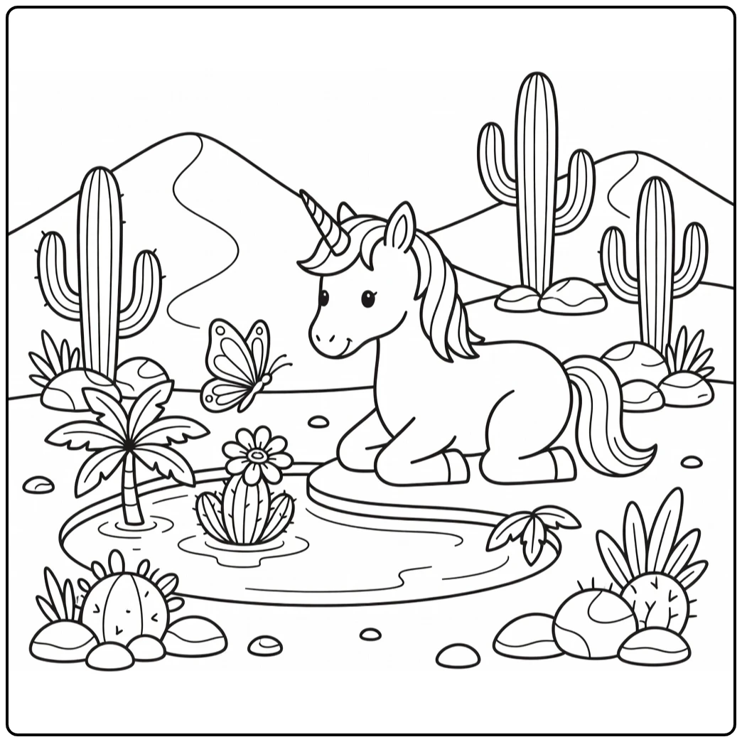 Unicorn and butterfly coloring page: desert oasis magic
