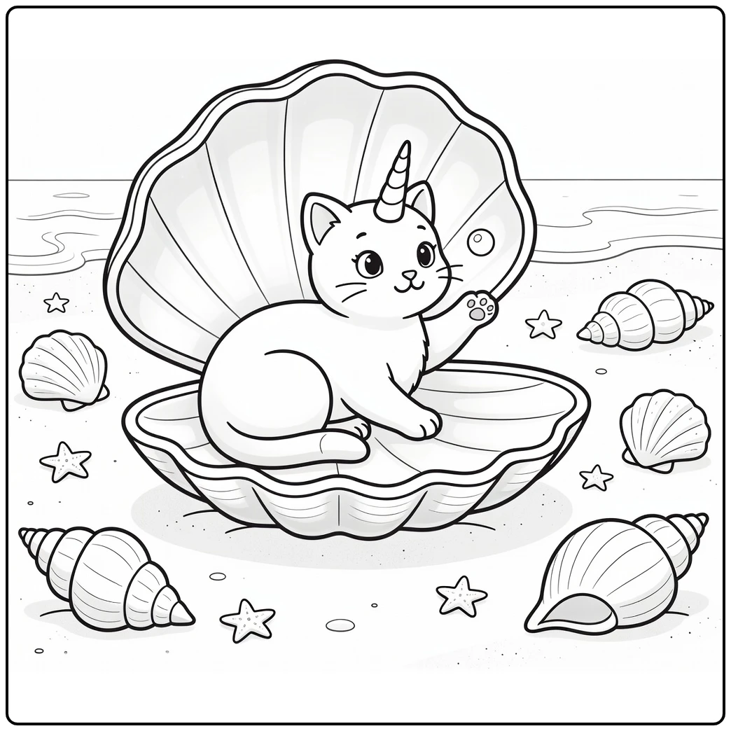 Unicorn cat in seashell pawing bubble unicorn cat coloring pages