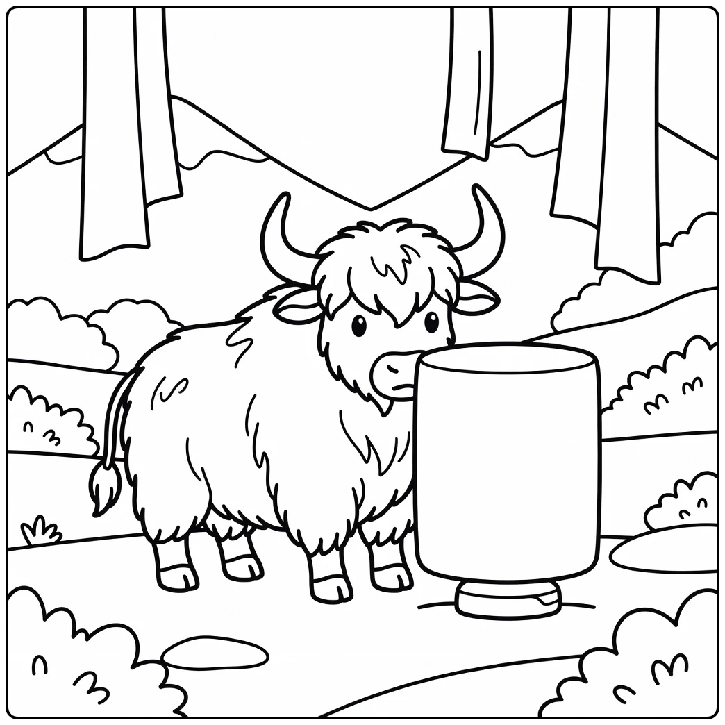 Yak coloring pages: shaggy yak nudges frozen prayer wheel