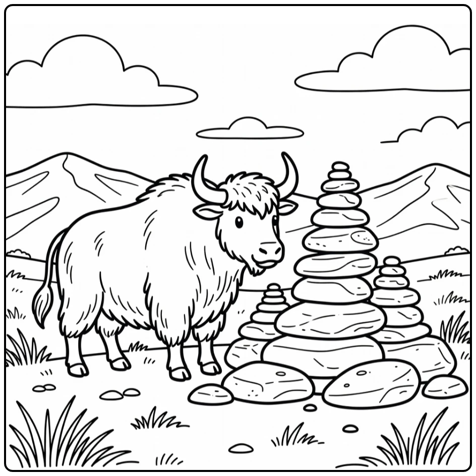 Yak inspecting stacked cairns on plateau, yak coloring pages
