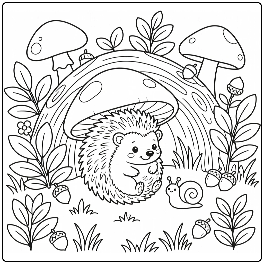 Baby hedgehog peeking at snail under mushroom, baby animal coloring pages