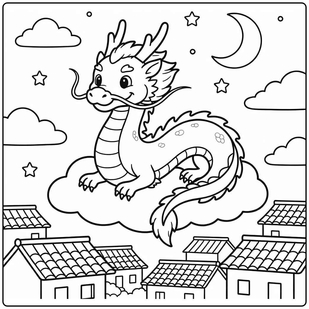 Chinese dragon coloring page on crescent cloud over village