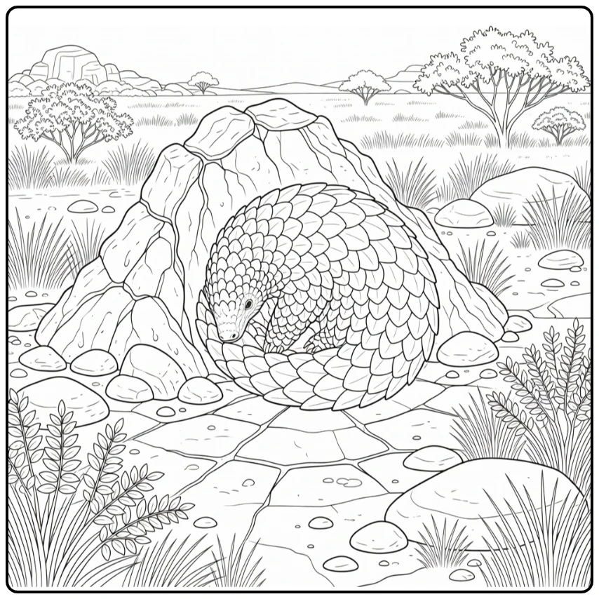 detailed realistic animal coloring page of curling pangolin