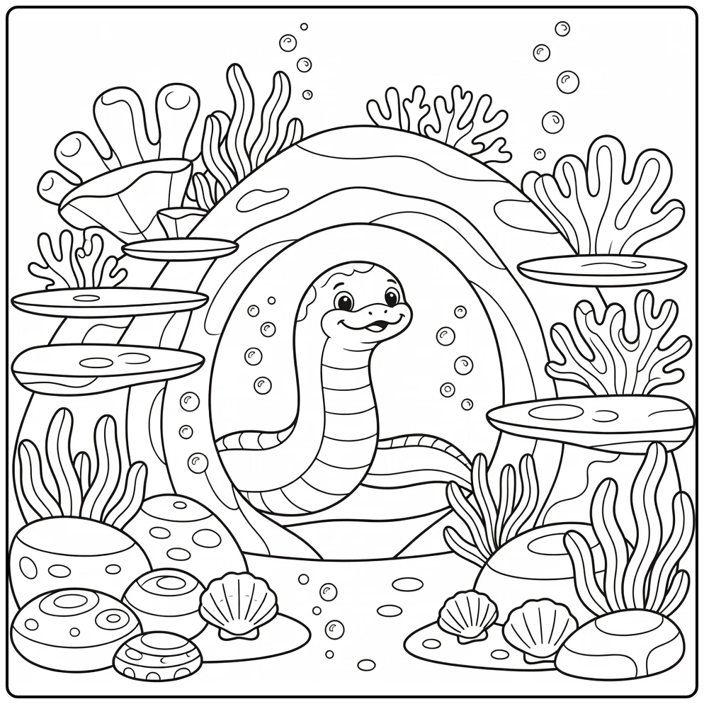 Cute eel peeking from reef cave sea animal coloring page