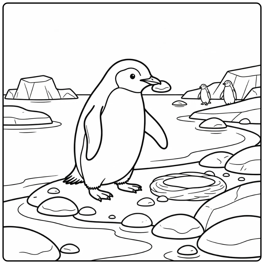 Adélie Penguin with Pebble: Antarctic Animals Coloring Page