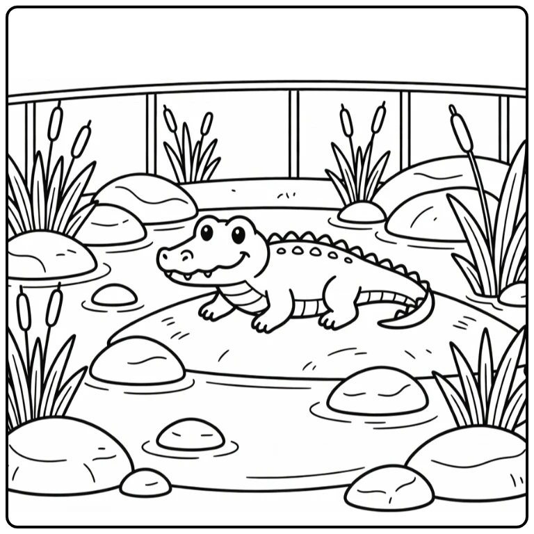 Zoo coloring page: cute alligator resting by pond reeds