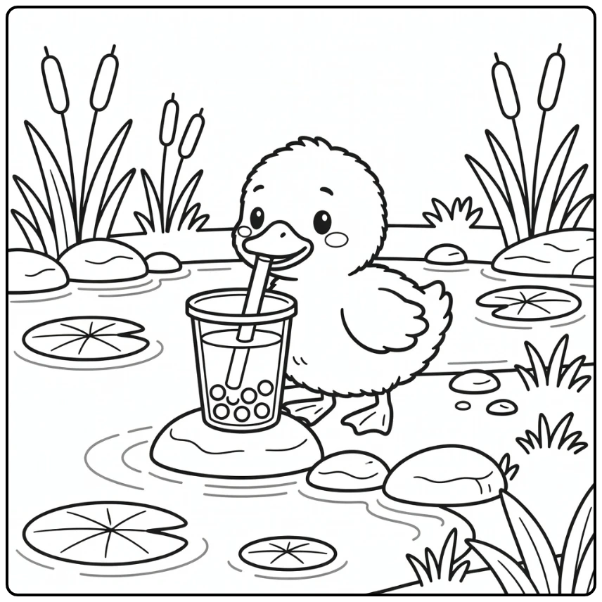 Cute animals drinking boba coloring page duckling by pond
