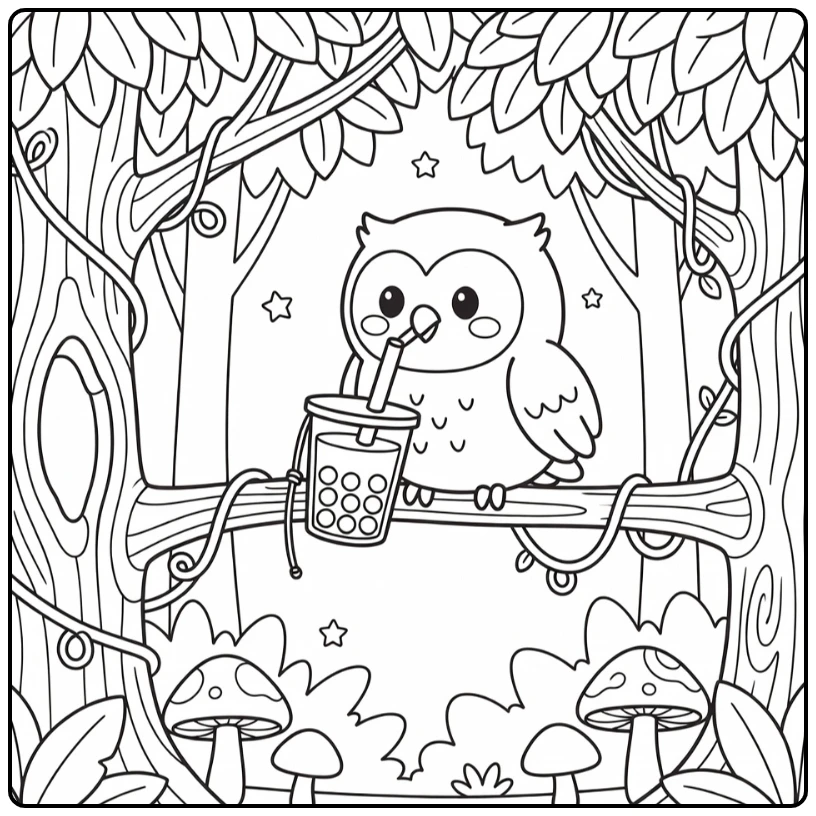 Cute animals drinking boba coloring page baby owl on branch