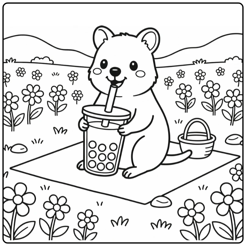 Cute animals drinking boba coloring page quokka picnic scene