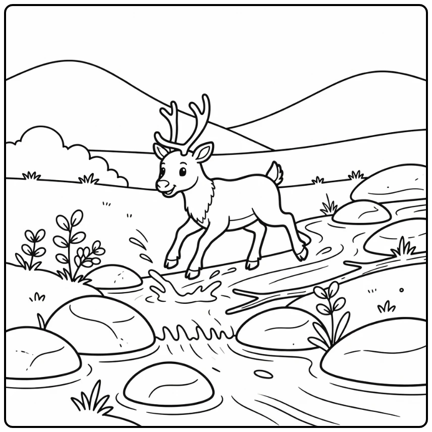 Cute arctic animal coloring page: caribou hopping stream