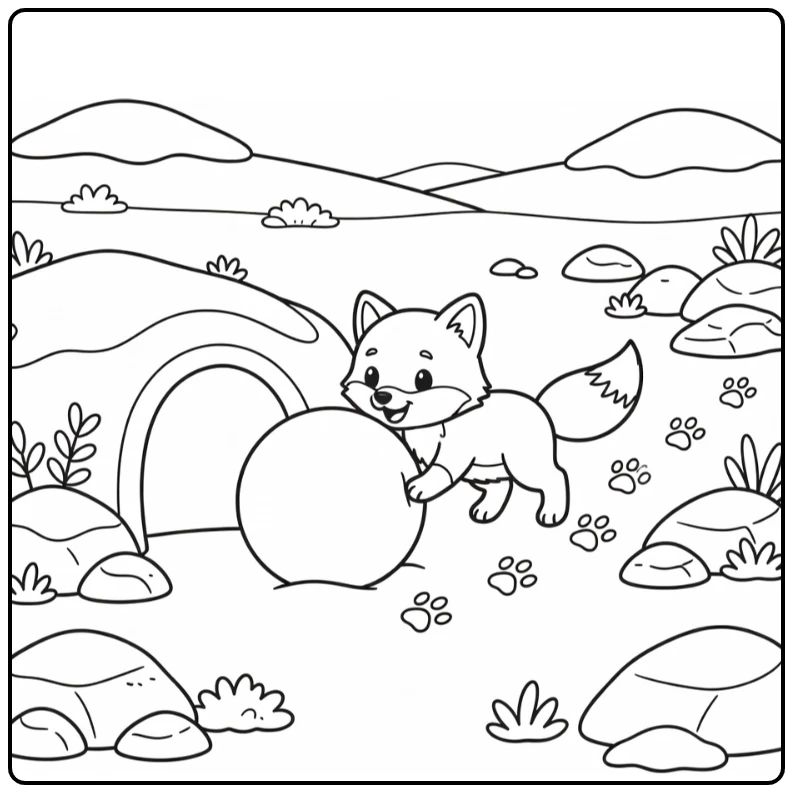 Cute arctic animal coloring page: fox cub pushes snowball by burrow