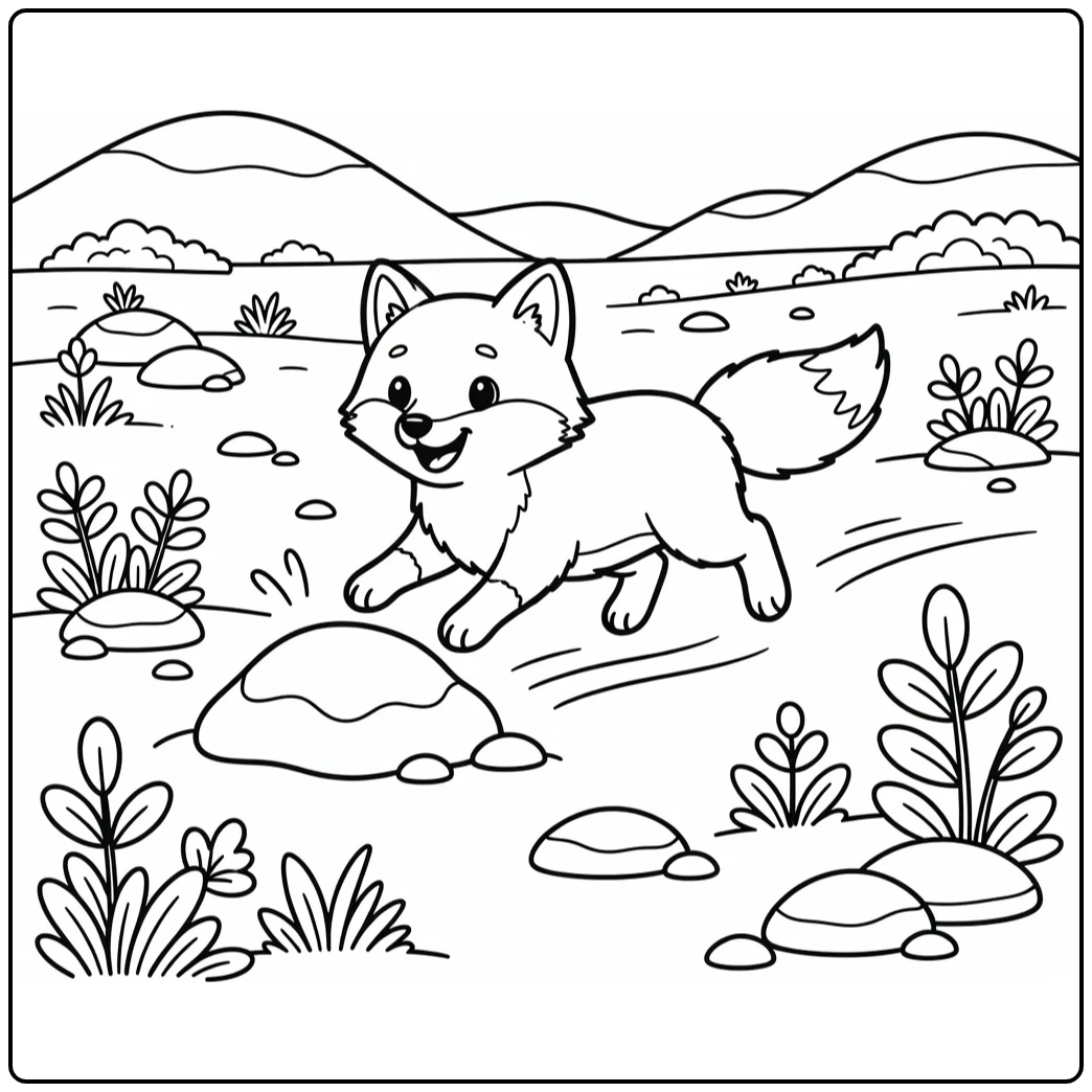 Arctic fox pouncing on tundra mound arctic animal coloring page