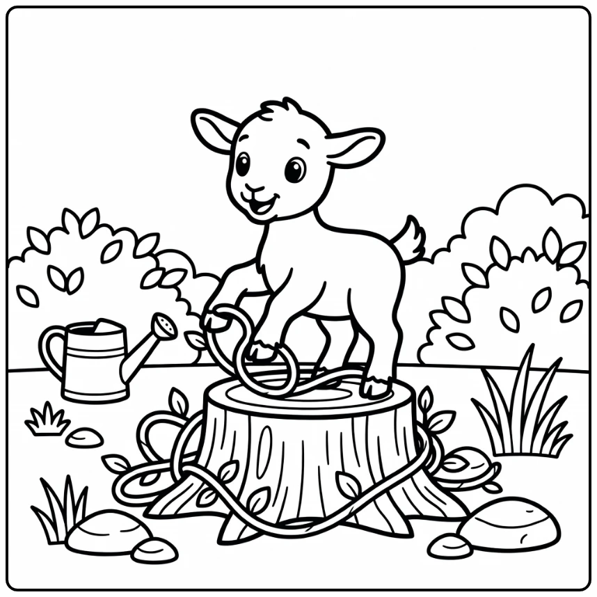 Tangled baby goat on stump - cute baby animal coloring pages