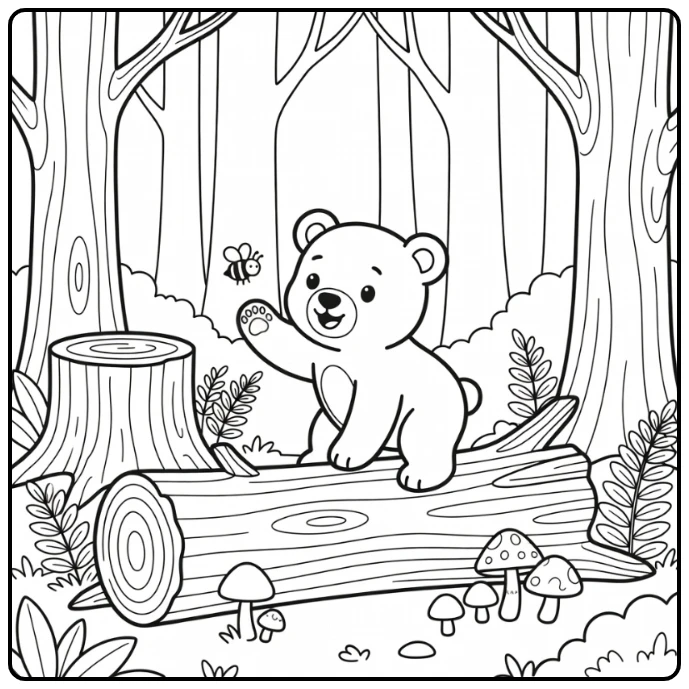 Baby bear cub climbs log for bee forest scene baby animal coloring pages