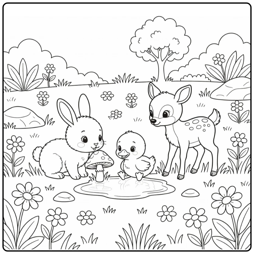 Bunny, duckling, fawn exploring meadow - baby animal coloring pages