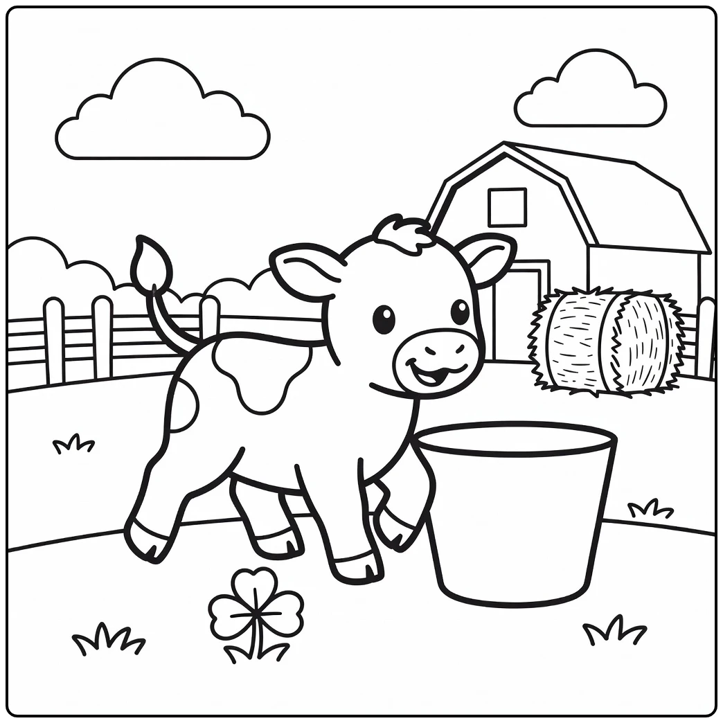 Playful baby calf trotting by bucket in pasture baby animal coloring pages