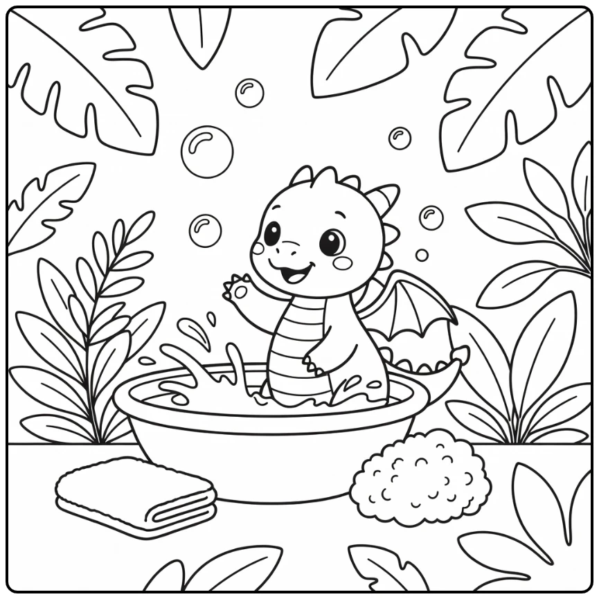 Cute baby dragon coloring page catching soap bubbles by basin