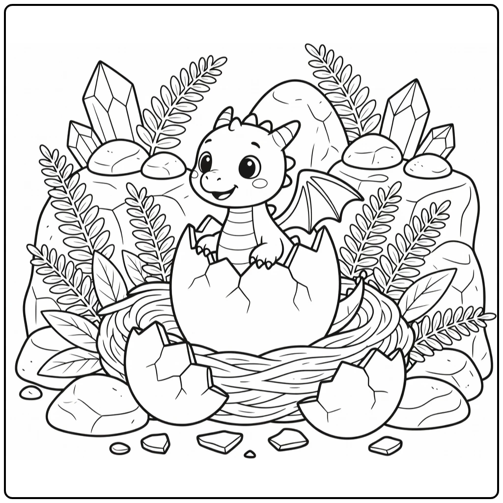 Baby dragon coloring page: hatching from egg in rocky nest