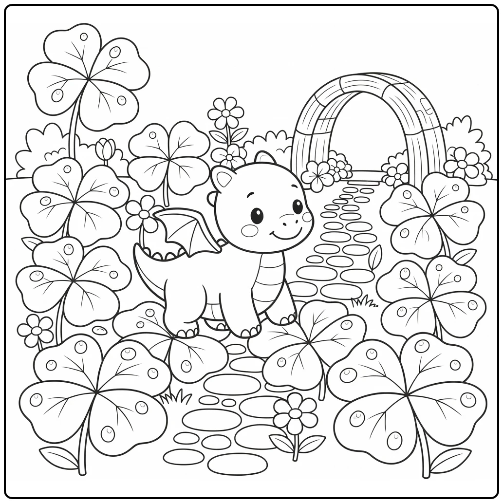 Baby dragon coloring page stepping through oversized clovers