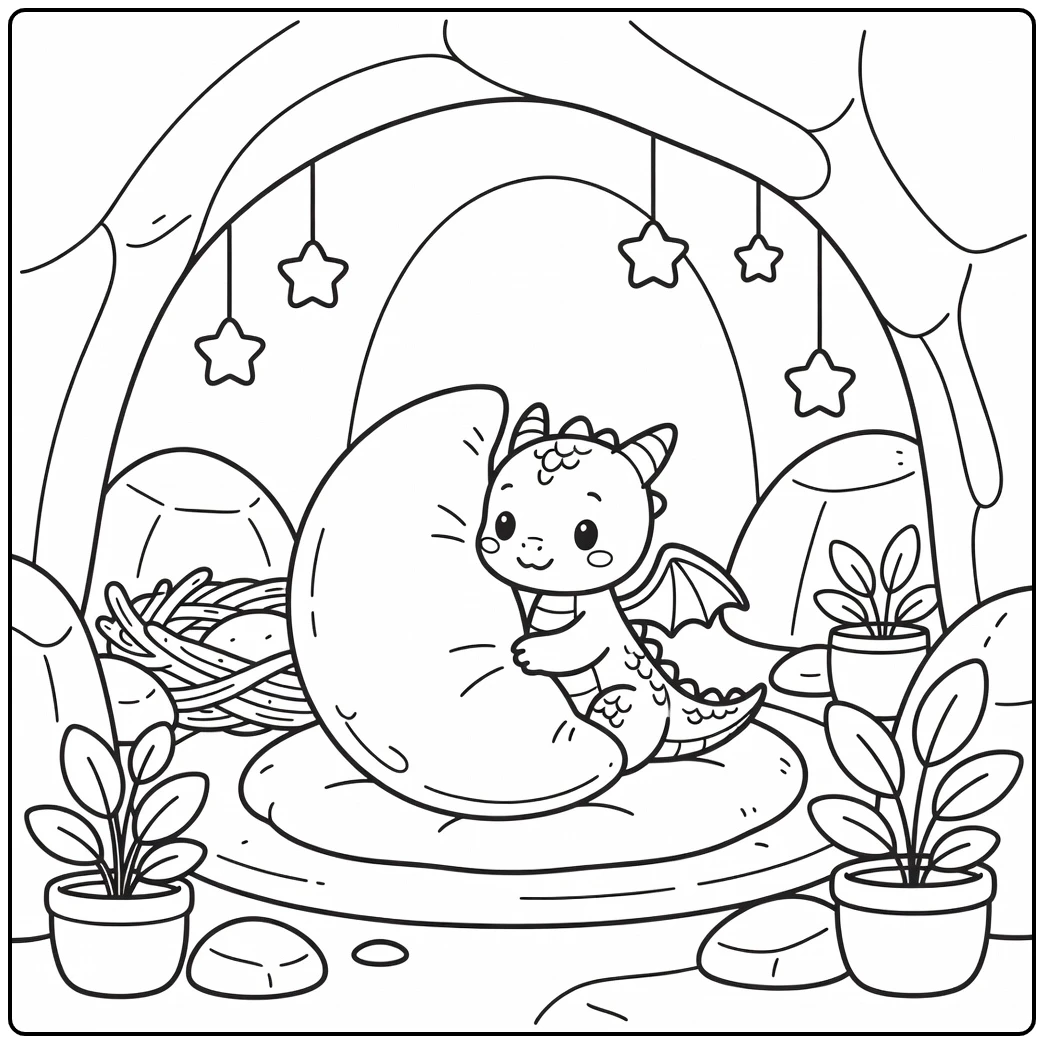 Cute baby dragon coloring page hugging moon pillow
