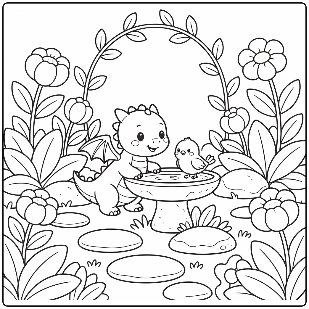 Cute baby dragon coloring page peeking into birdbath with bird