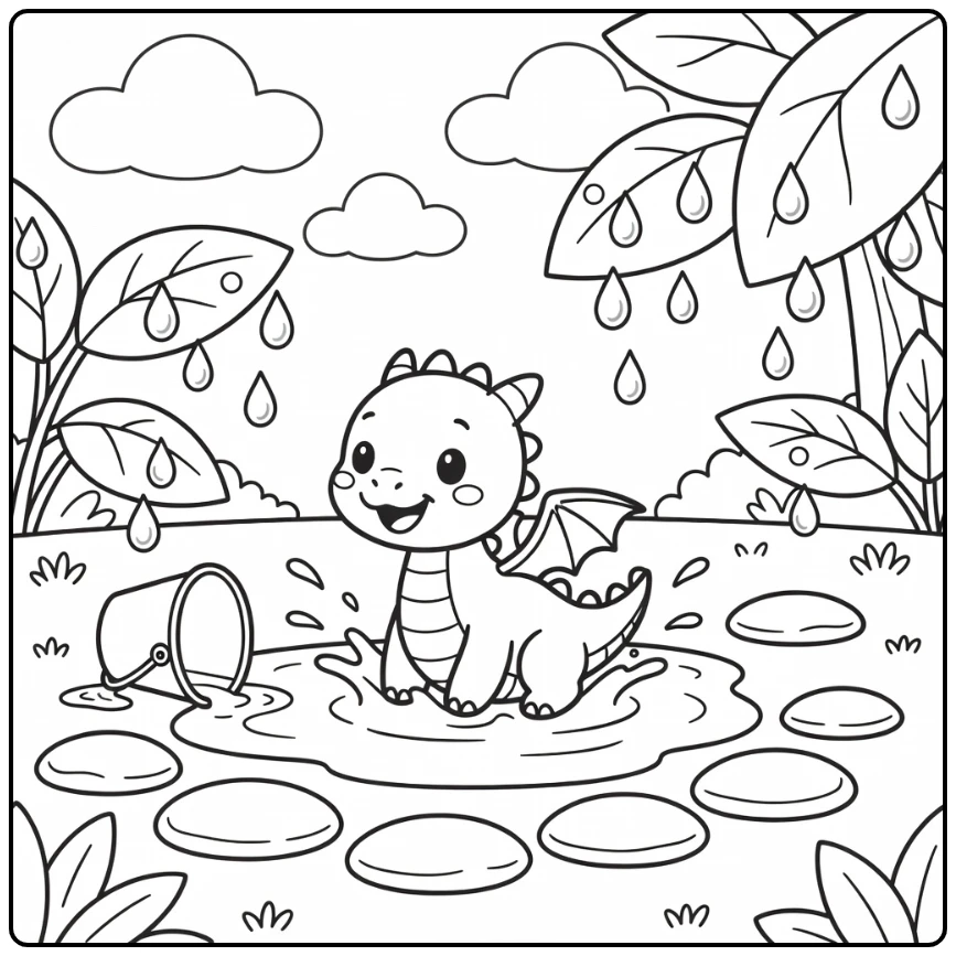 Baby dragon coloring page splashing in rainy puddle with leaves