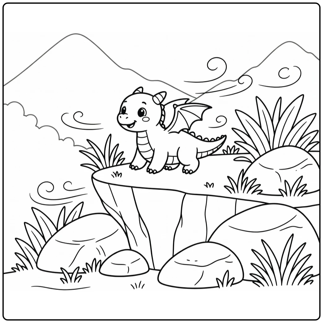 Baby dragon coloring page: stretching wings on cliff edge