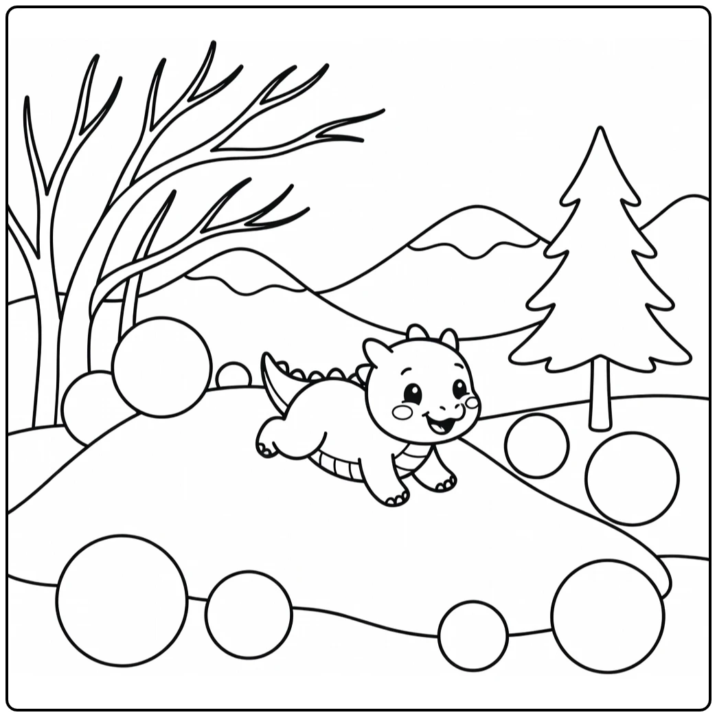 Baby dragon coloring page sliding down snowy mound with snowballs