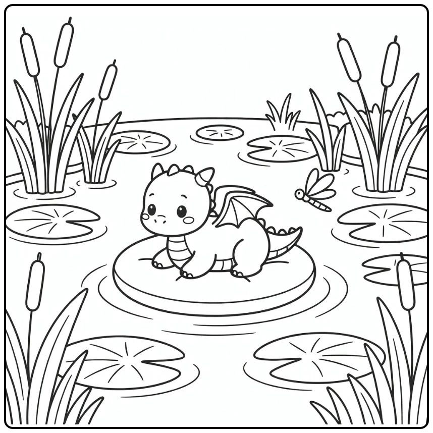 Baby dragon coloring page on floating raft in pond with reeds