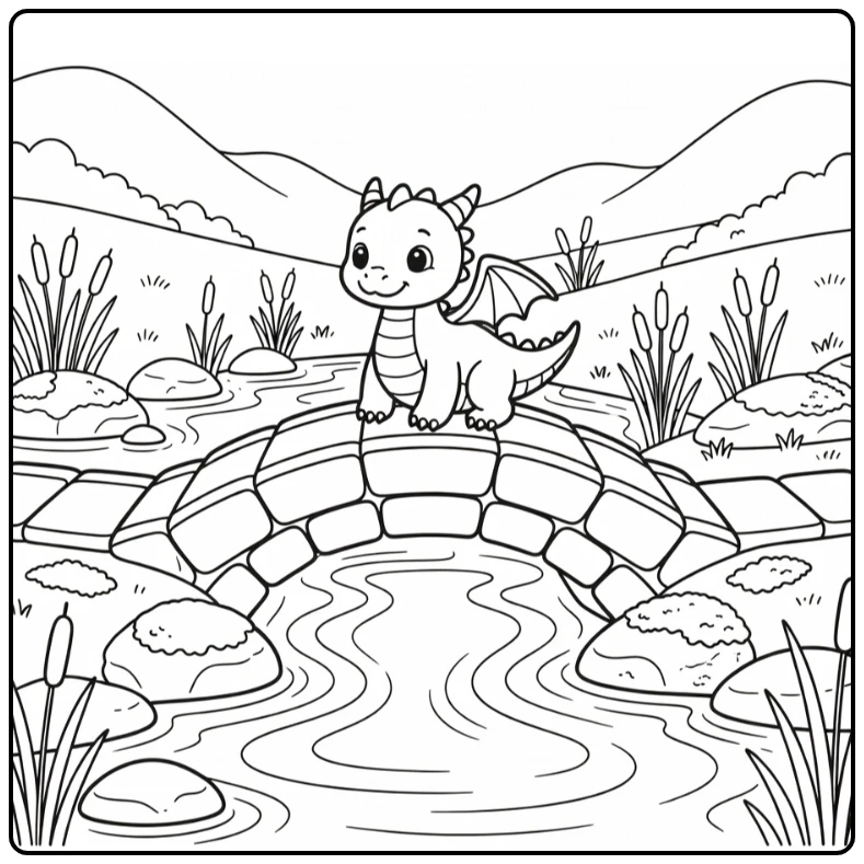 Baby dragon coloring page on stone bridge over stream