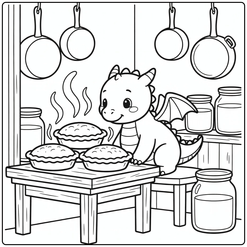 Baby dragon coloring page sniffing pies on windowsill