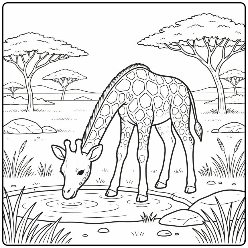 Baby giraffe calf drinks at savanna hole baby animal coloring pages