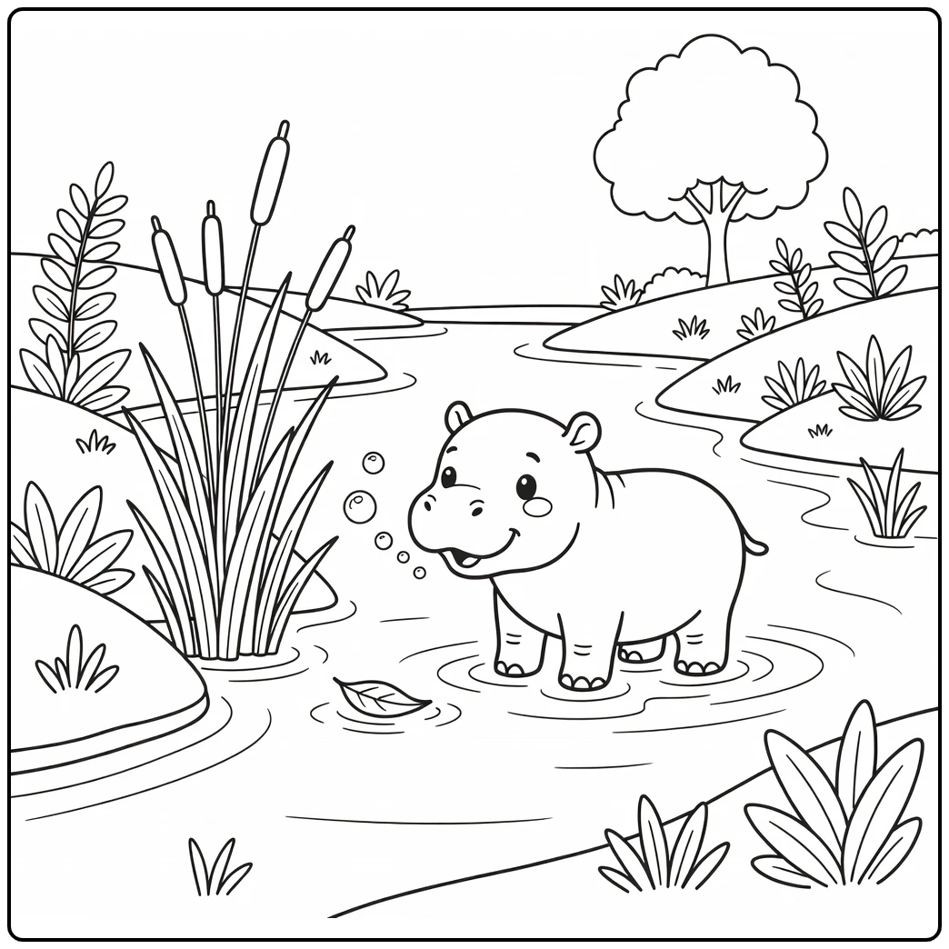 Baby hippo calf blowing bubbles at leaf in river - baby animal coloring pages