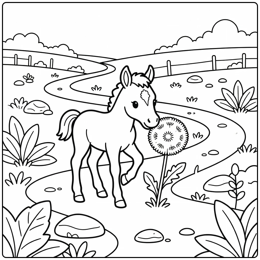 Cute baby horse coloring page of foal sniffing dandelion