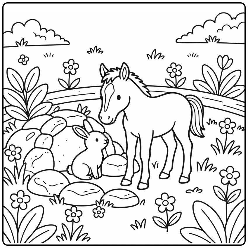 Cute baby horse coloring page of foal meeting rabbit