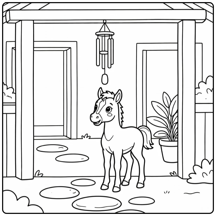 Cute baby horse coloring page with foal under wind chime